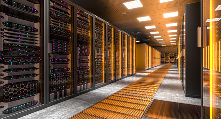 Server room hardware equipment inside datacenter 3d