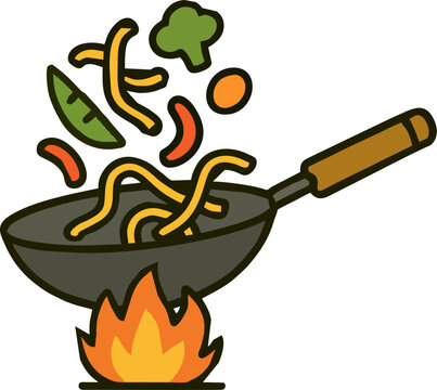 wok cooking noodles with vegetables on fire clip art preview