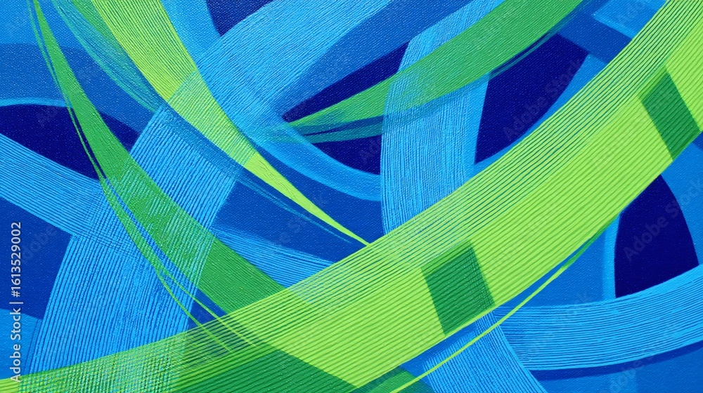 Poster a vibrant abstract painting showcases dynamic sweeping curves in shades of blue intertwined with sha