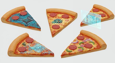 Multiple colorful pizza slices illustration