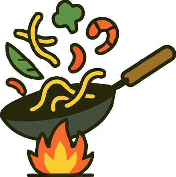 stir-fry cooking in wok with flames clip art preview