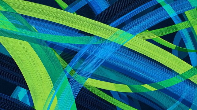 Abstract painting of interwoven curved lines in vibrant shades of blue and green, creating a dynamic and energetic visual rhythm and modern