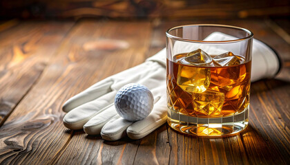 A golf ball and a glass of whiskey create a relaxing atmosphere, happy hour golfing background with space for copy