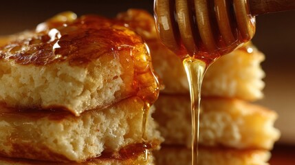 Honey dripping onto pancakes