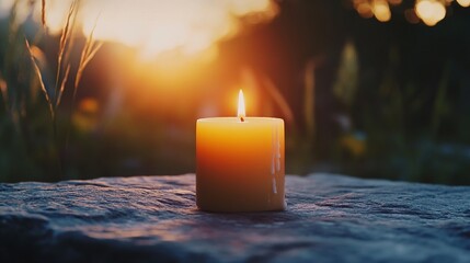 candle burning on an outdoor stone table, sun setting in the background, warm light of the candle illuminates its surroundings, peaceful and tranquil atmosphere, creative projects or as a wallpaper.