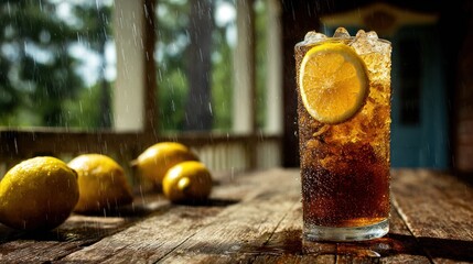 Iced drink on porch in rain