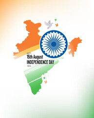 Indian Independence Day concept background. Vector illustration in minimalist style of banner template with silhouette of India in national flag colors and Ashoka wheel.