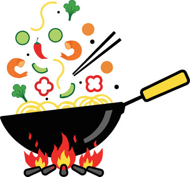 stir-fry cooking in wok with ingredients clip art preview