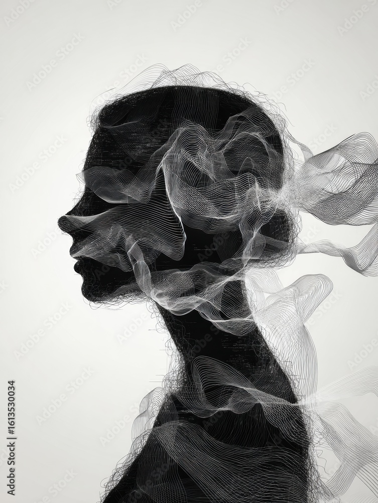 Poster silhouette of a womans head with digital speech waves illustrating communication concepts in a minim