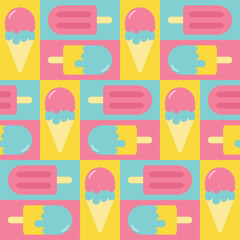 Geometric seamless pattern with colorful ice cream. Background for poster, print, cards, wrapping paper, clothes decoration and ice cream shop