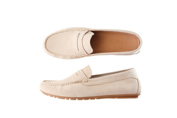 Beige suede loafers with visible stitching and minimalist design on white background, ideal for fashion retail, shoe brands, e-commerce and online store promotion
