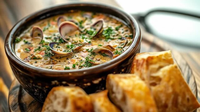 Creamy clam chowder in a dark bowl, served with toasted baguette slices
