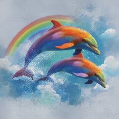 Two rainbow dolphins leaping over clouds, beneath a rainbow