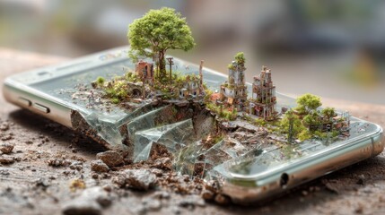 Miniature city nestled within a broken phone
