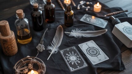 halloween flat lay Mystical still life featuring tarot cards, feathers, and potion bottles on a dark textile backdrop.