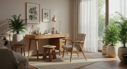 Cozy home office setup featuring a wooden desk, chair, plants and minimalist decorations.