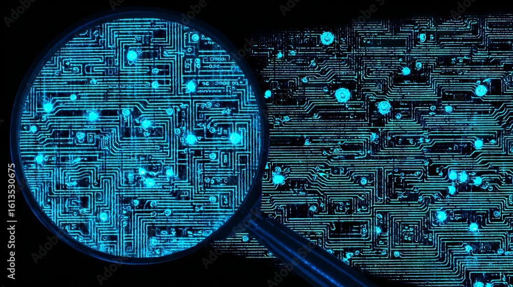 Poster close-up view of a circuit board under a magnifying glass, showcasing intricate patterns and glowing
