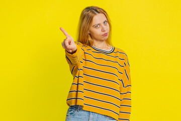 Displeased upset woman reacting to unpleasant awful idea, dissatisfied with bad quality, wave hand,...