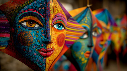 Colorful handmade paper kites and fish-shaped toys, Oaxaca are adorned with bright colors and designs