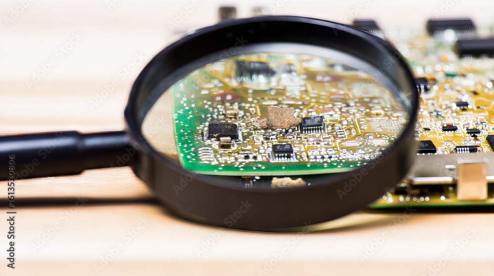 Poster magnifying glass focusing on intricate details of a printed circuit board, showcasing electronic com