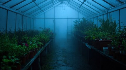 Misty greenhouse at night