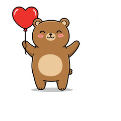 Obraz premium Cartoon brown bear holds a red heart balloon, smiling with rosy cheeks, against a white background, creating a cheerful, lighthearted,