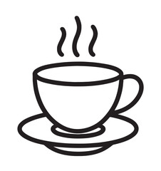 Line art icon of a steaming hot cup of coffee or tea silhouette vector icon, symbol on white background
