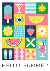 Geometric summer and travel poster template in flat minimalist style. Background for print, card, poster, flyer and social media