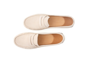 Minimal beige loafers with smooth suede finish and stitched edges, useful for footwear designers, shoe manufacturers, fashion ads, minimalist product showcases