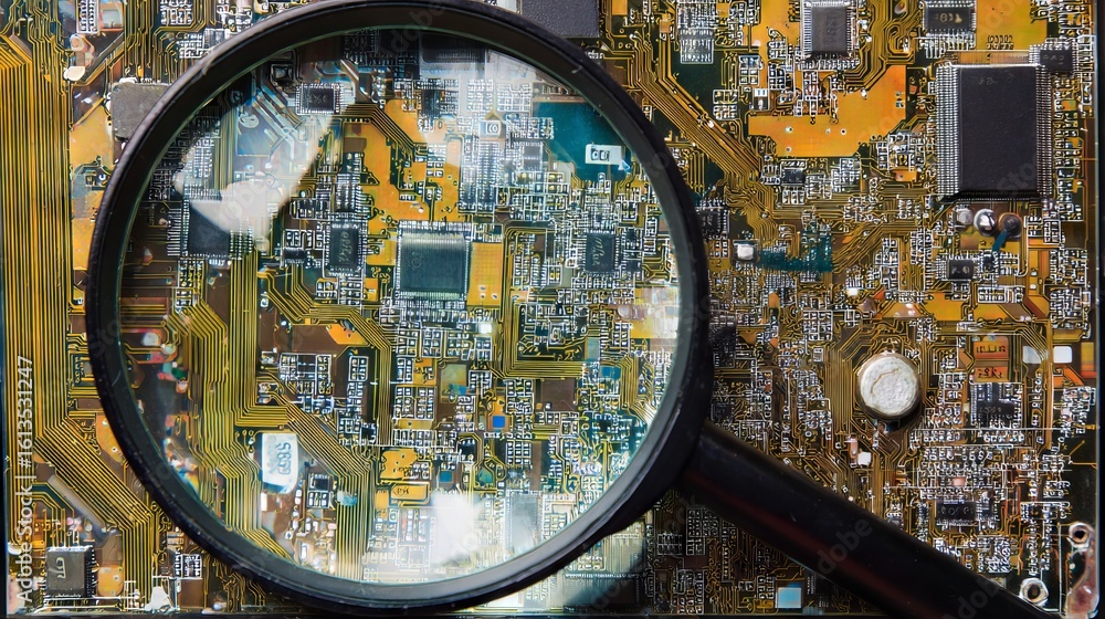 Poster close-up view of a computer circuit board under a magnifying glass, showcasing intricate details of 
