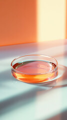 Single serum drop on a glass dish reflecting soft light and minimal shadows
