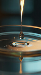 Single serum drop on a glass dish reflecting soft light and minimal shadows