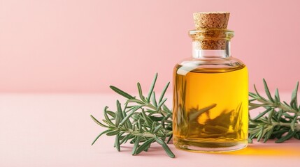 Bottle of rosemary essential oil in a glass bottle with rosemary leaves on a pink background, with copy space.