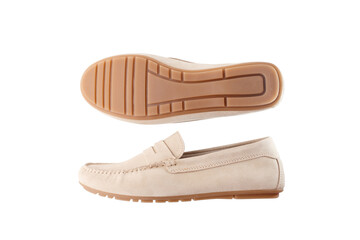 Beige suede penny loafer or Moccasins leather shown from bottom and side view on white background. Studio product photo. Casual footwear and shoe sole detail concept. Flat lay with copy space