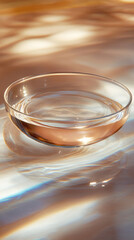 Single serum drop on a glass dish reflecting soft light and minimal shadows