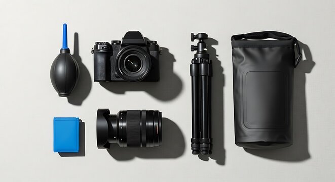 A collection of photography equipment arranged on a light, neutral surface, ready for use.