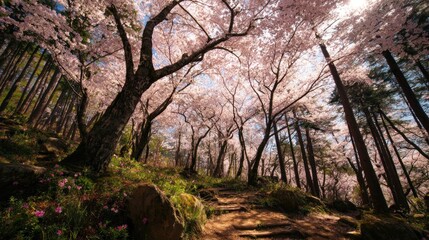 Lush forest path with cherry blossoms