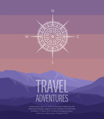 Landscape with violet mountains on sunset. Huge mountain range in twilight. Mountaineering handdrawn flyer. Typography flat poster of high rocky mountains with compass rose and sample text. Vector