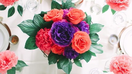 Vibrant floral arrangement captured from above on a clean white surface.