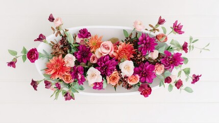 Vibrant floral arrangement captured from above on a clean white surface.