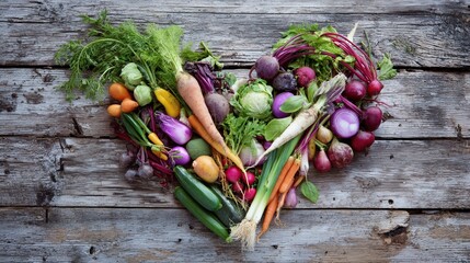 Fresh vegetables arranged in a heart shape on a rustic wooden table, showcasing natural colors.