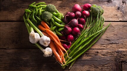 Fresh vegetables arranged in a heart shape on a rustic wooden table, showcasing natural colors.