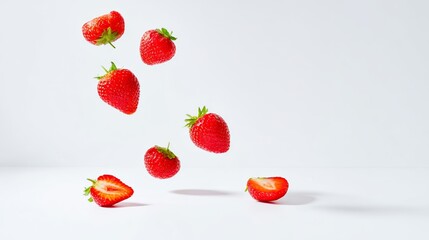 Vibrant red strawberries in mid-air against a pure white background, showcasing crisp detail.