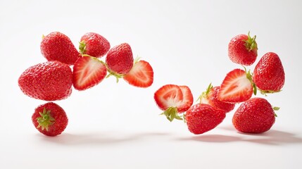 Vibrant red strawberries in mid-air against a pure white background, showcasing crisp detail.