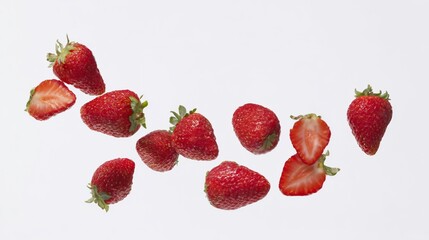 Vibrant red strawberries in mid-air against a pure white background, showcasing crisp detail.
