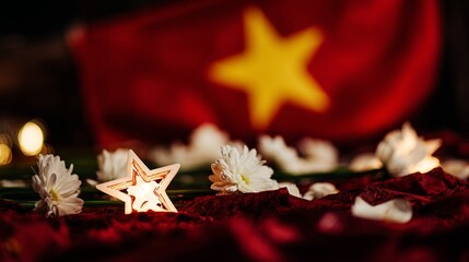 Golden star lanterns glowing against red silk, with scattered chrysanthemum petals for a festive touch.