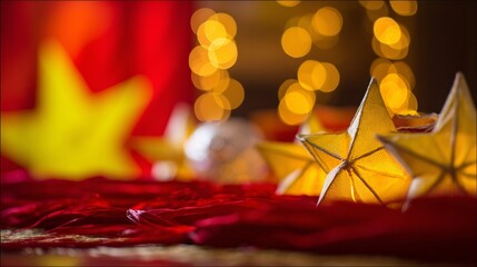 Golden star lanterns glowing against red silk, with scattered chrysanthemum petals for a festive touch.
