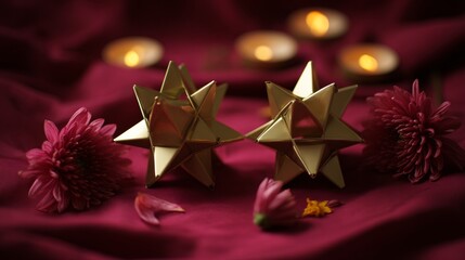 Golden star lanterns glowing against red silk, with scattered chrysanthemum petals for a festive touch.