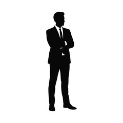Silhouette of a businessman standing with arms crossed against a white background