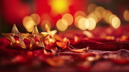 Golden star lanterns glowing against red silk, with scattered chrysanthemum petals for a festive touch.